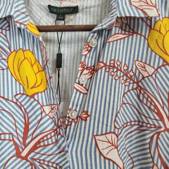 FOR CYNTHIA Linen Blend Striped Floral Sleeveless Top Size Large - Picture 4 of 6